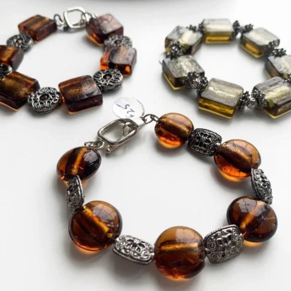 Orange & Gold Handmade Glass & Metal Bracelet Trio with Silver Accents - Picture 12 of 16